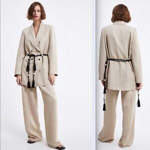 ZARA Woman’s CAMEL STRIPED Tassel BELTED Longline BLAZER Jacket Size XS